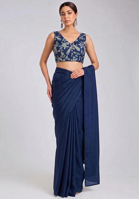 Navy Blue Printed Crepe Pre Draped Saree Set