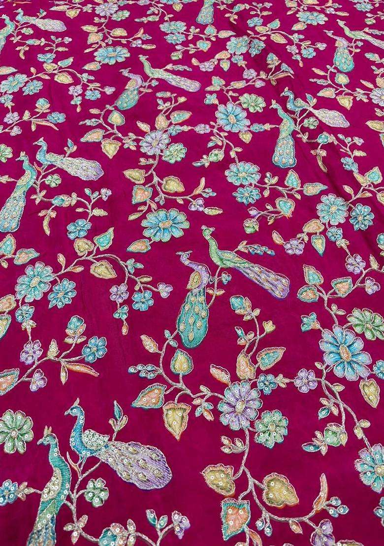 Hot Pink Printed Crepe Pre Draped Saree Set for Diwali and Festive Wear - Indya