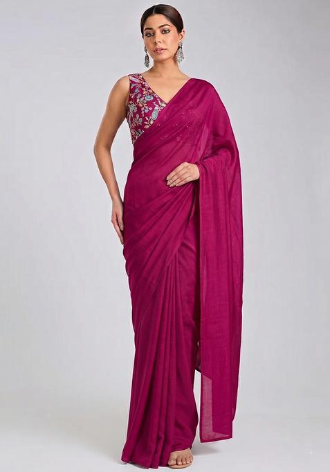 Hot Pink Printed Crepe Pre Draped Saree Set