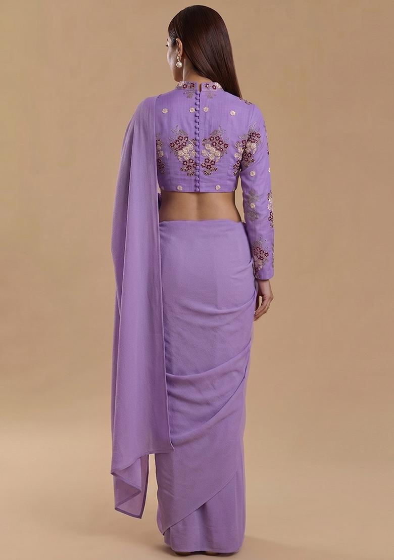 Lavender Embroidered Chanderi Pre Draped Saree Set - Indya