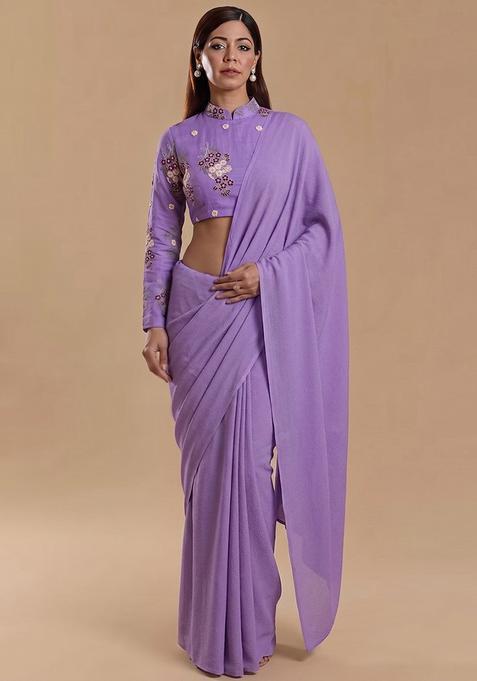 Lavender Embroidered Chanderi Pre Draped Saree Set