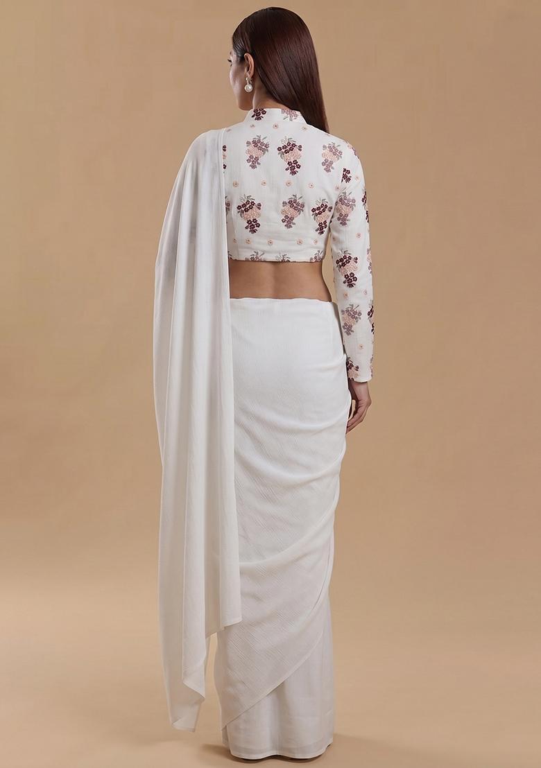 White Embroidered Chanderi Pre Draped Saree Set - Indya