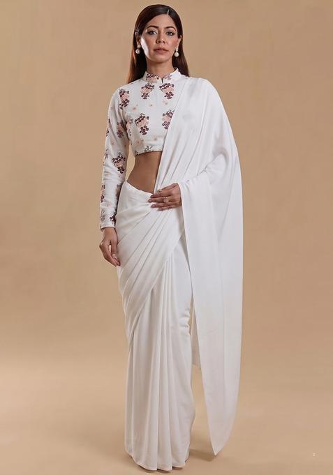 White Embroidered Chanderi Pre Draped Saree Set