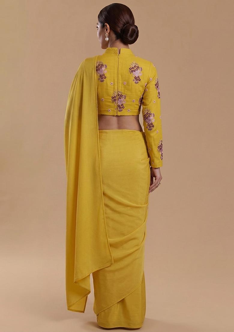 Yellow Embroidered Chanderi Pre Draped Saree Set - Indya