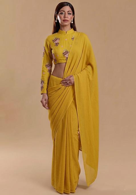 Yellow Embroidered Chanderi Pre Draped Saree Set