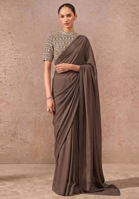 Brown Mirror Georgette Pre Draped Saree Set