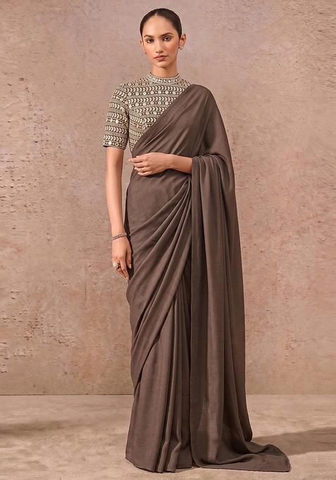 Brown Mirror Georgette Pre Draped Saree Set