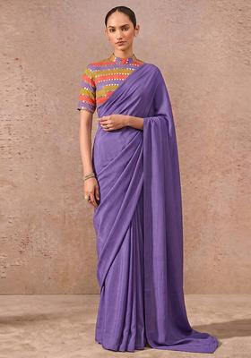 Purple Mirror Organza Pre Draped Saree Set