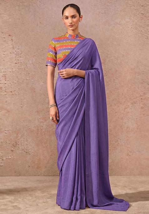 Purple Mirror Organza Pre Draped Saree Set