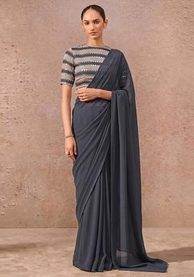 Charcoal Grey Mirror Organza Pre Draped Saree Set