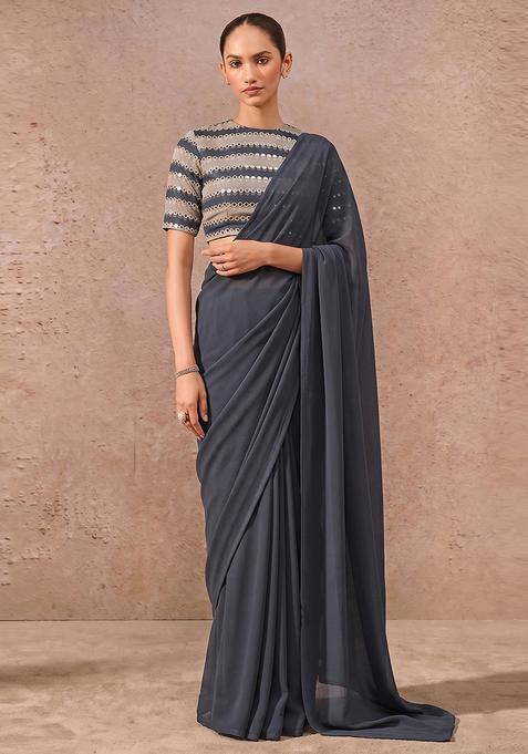 Charcoal Grey Mirror Organza Pre Draped Saree Set