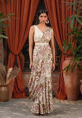 Beige Printed Chinon Pre Draped Saree Set