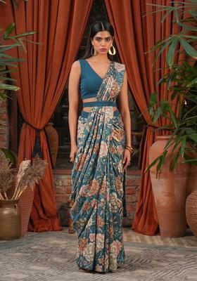 Bottle Green Printed Chinon Pre Draped Saree Set