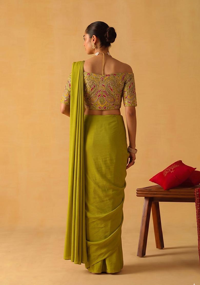 Lime Green Printed Chanderi Pre Draped Saree Set - Indya