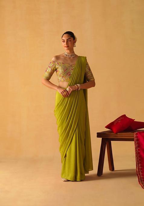Lime Green Printed Chanderi Pre Draped Saree Set