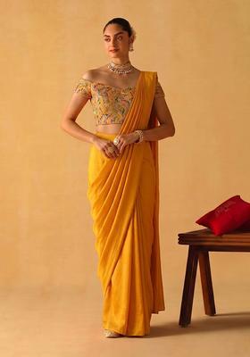Mustard Printed Chanderi Pre Draped Saree Set