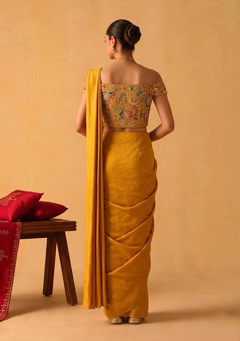 Mustard Printed Chanderi Pre Draped Saree Set - Indya