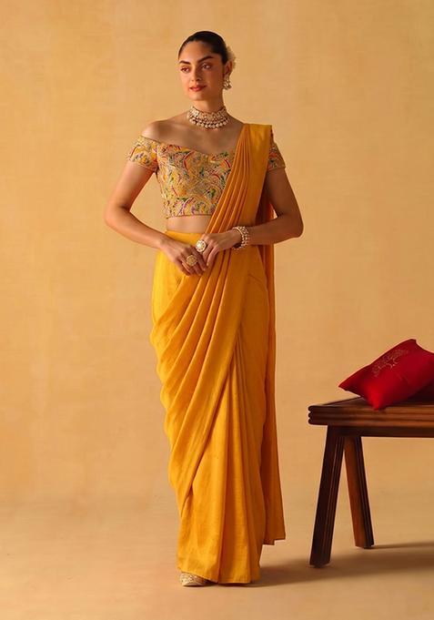 Mustard Printed Chanderi Pre Draped Saree Set