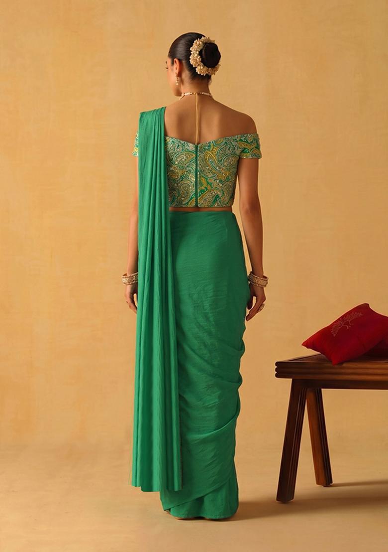 Emerald Green Printed Chanderi Pre Draped Saree Set - Indya