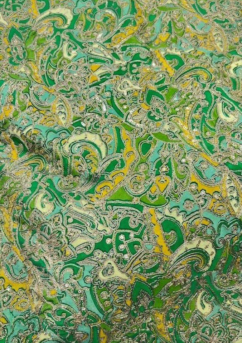 Emerald Green Printed Chanderi Pre Draped Saree Set - Indya