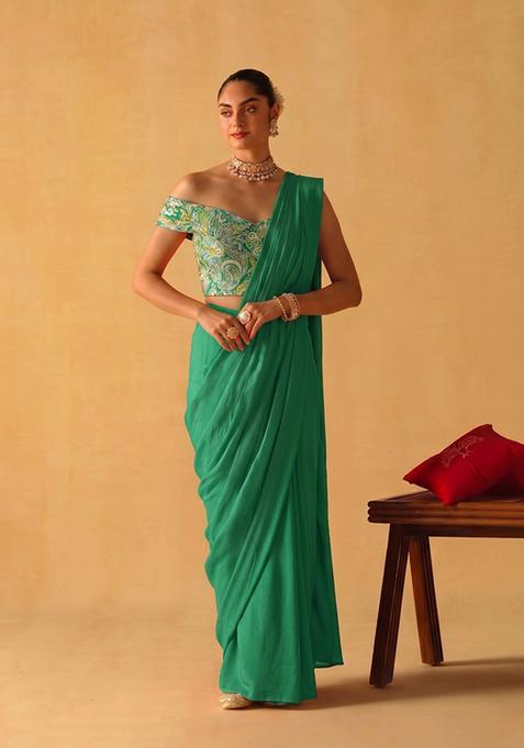 Emerald Green Printed Chanderi Pre Draped Saree Set