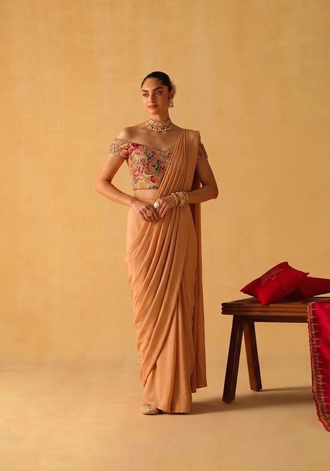 Peach Printed Chanderi Pre Draped Saree Set