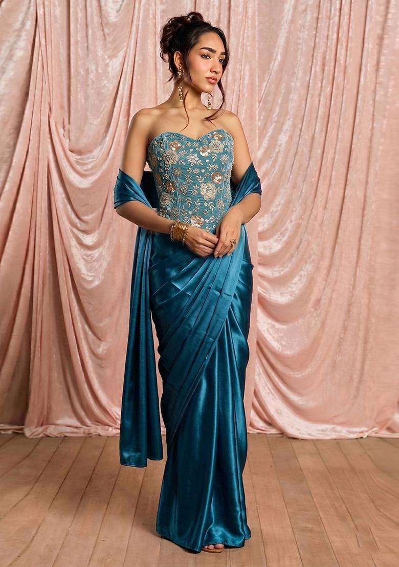 Teal Blue Embroidered Georgette Pre Draped Saree Set - Indya