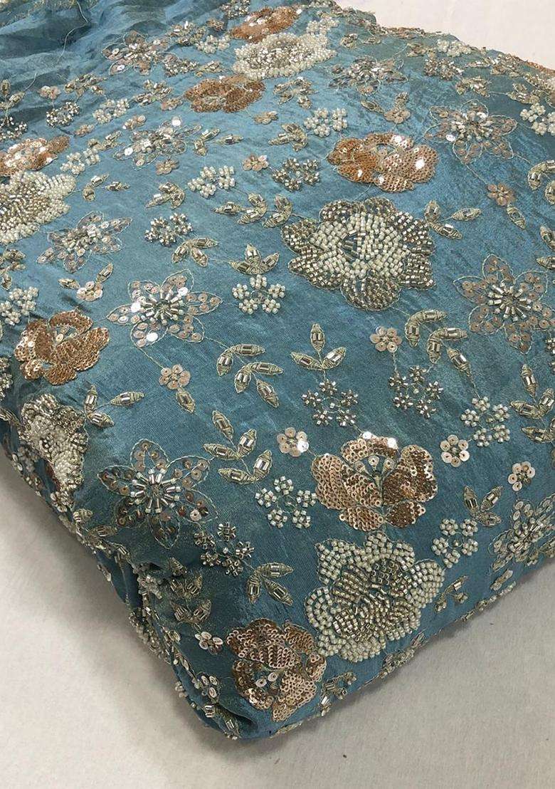 Teal Blue Embroidered Georgette Pre Draped Saree Set - Indya