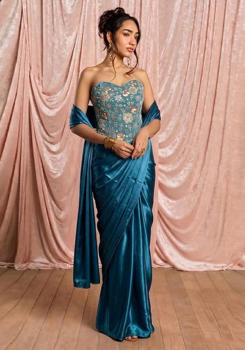 Teal Blue Embroidered Georgette Pre Draped Saree Set