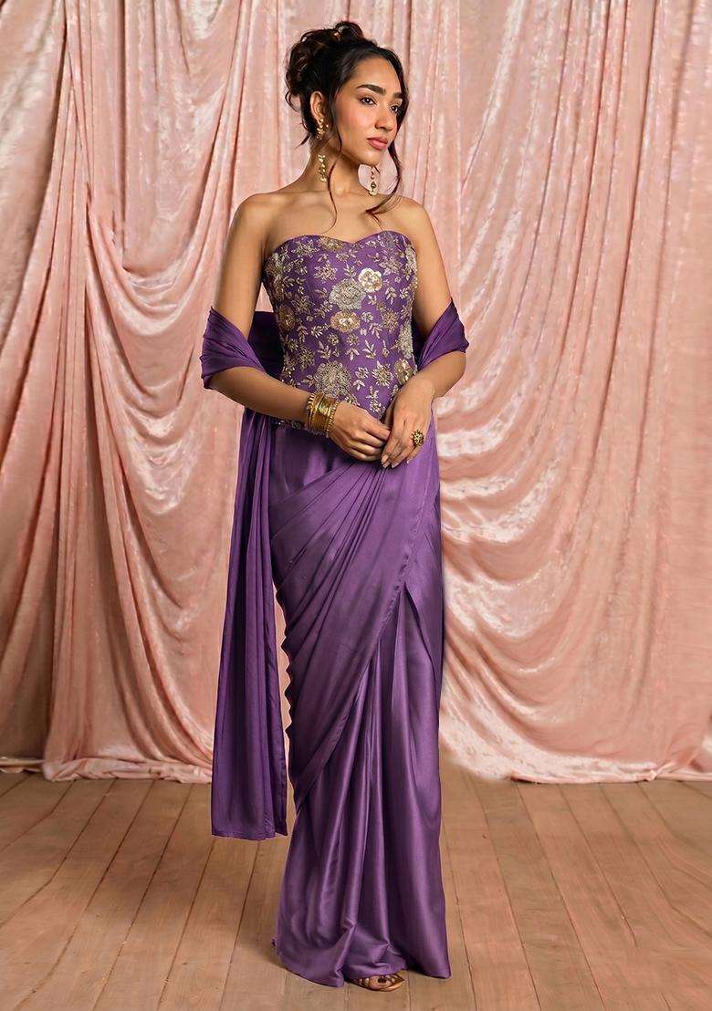 Purple Embroidered Georgette Pre Draped Saree Set - Indya
