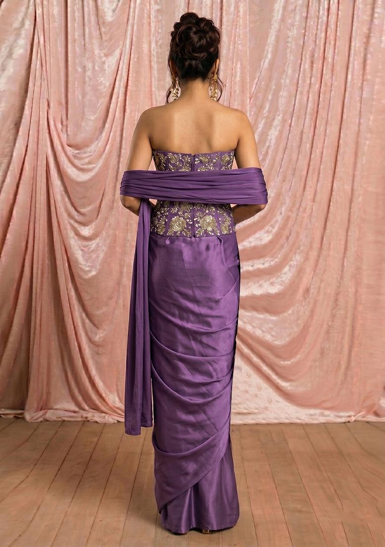 Purple Embroidered Georgette Pre Draped Saree Set - Indya