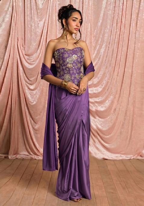 Purple Embroidered Georgette Pre Draped Saree Set