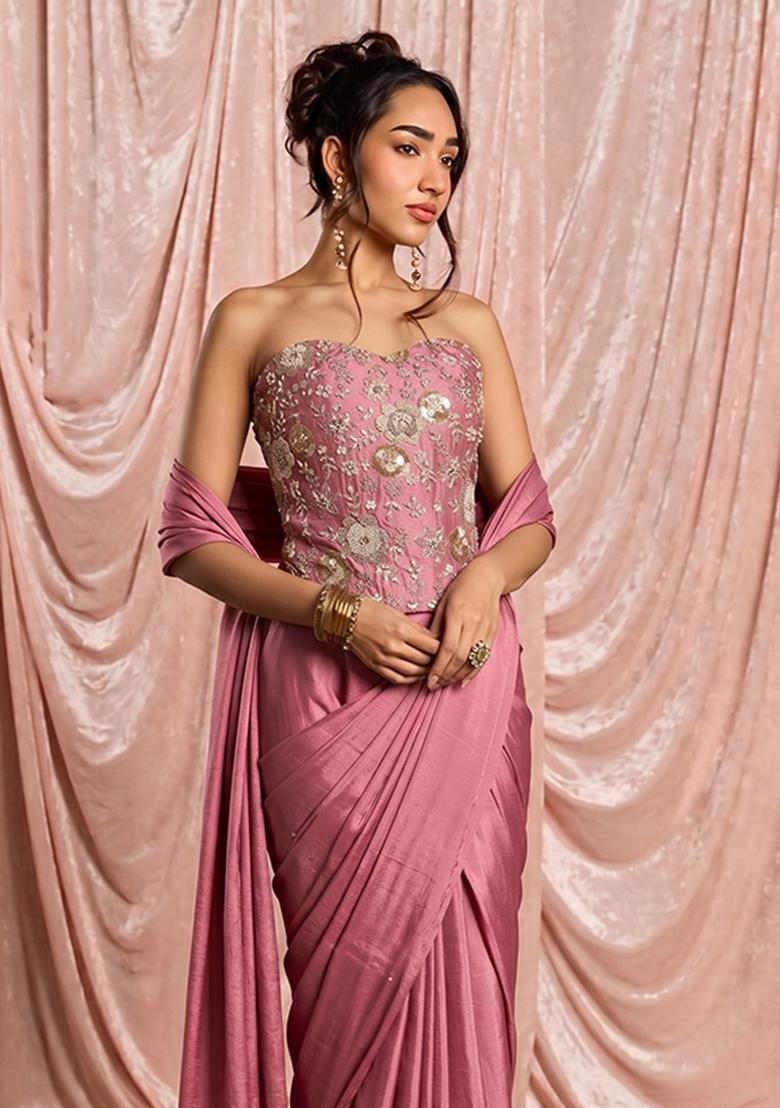 Soft Pink Embroidered Georgette Pre Draped Saree Set - Indya