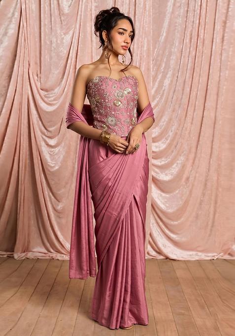 Soft Pink Embroidered Georgette Pre Draped Saree Set