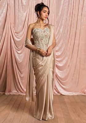 Soft Beige Embroidered Georgette Pre Draped Saree Set