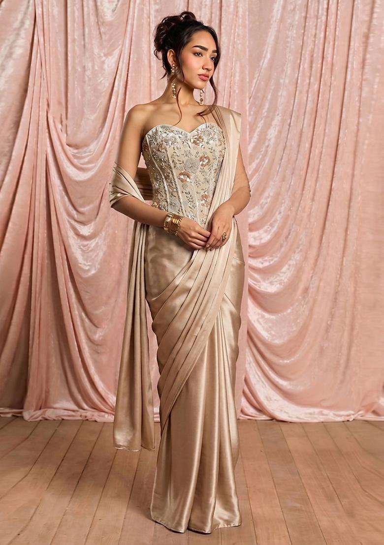 Soft Beige Embroidered Georgette Corset Blouse Pre Draped Saree Set - Indya