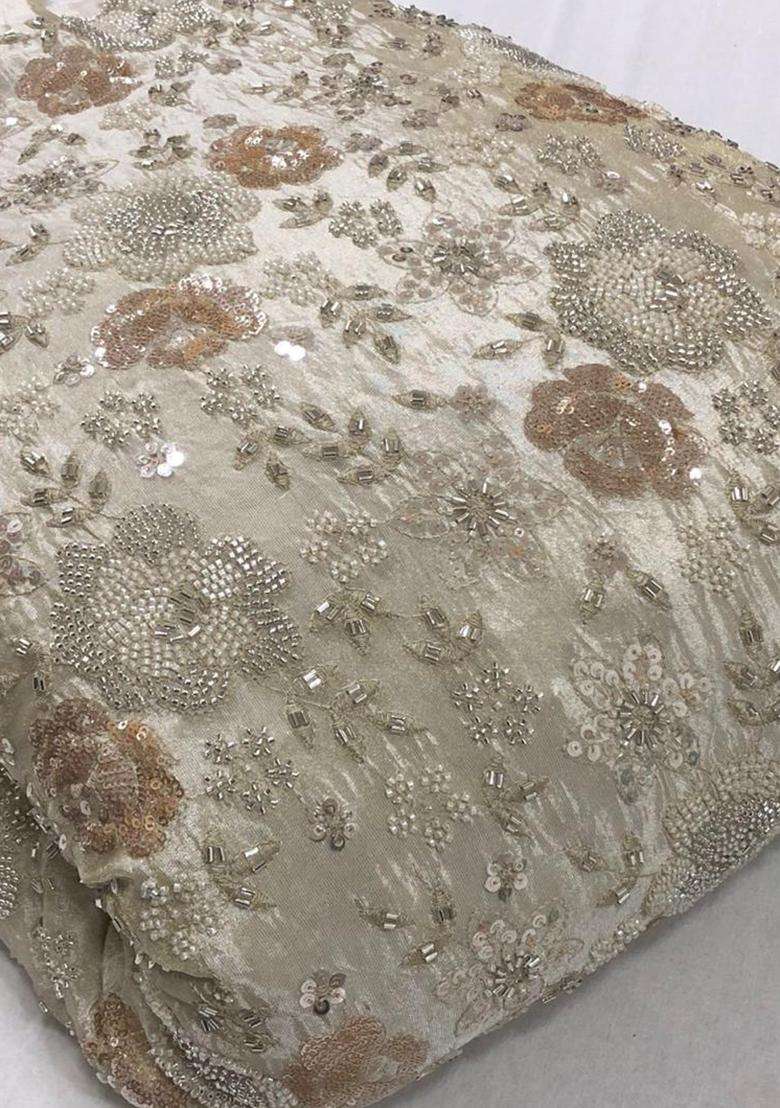 Soft Beige Embroidered Georgette Corset Blouse Pre Draped Saree Set - Indya