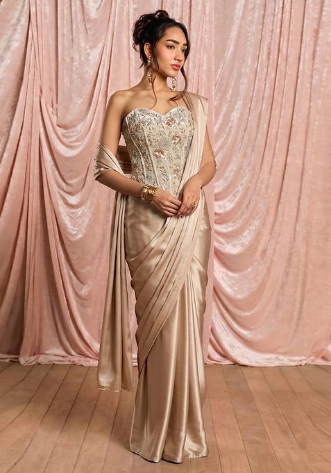 Soft Beige Embroidered Georgette Pre Draped Saree Set