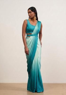 Teal Blue Satin Pre Draped Saree Set