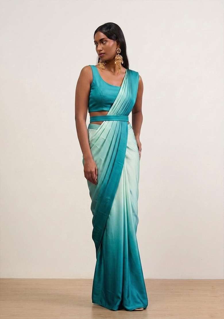 Teal Blue Satin Pre Draped Saree Set - Indya