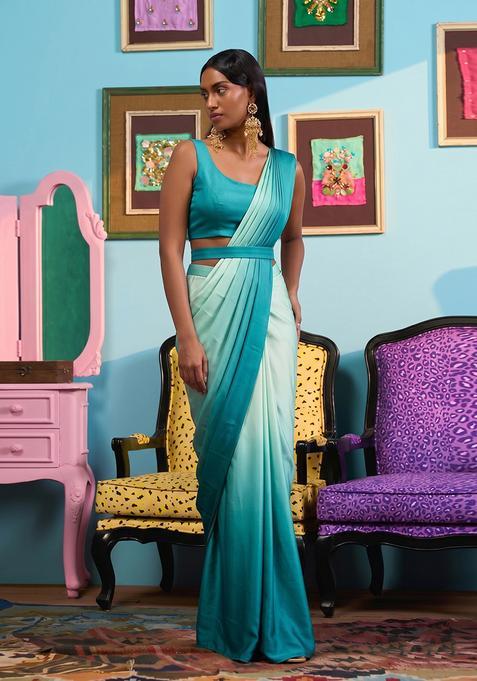 Teal Blue Satin Pre Draped Saree Set