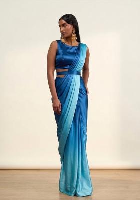 Blue Satin Pre Draped Saree Set