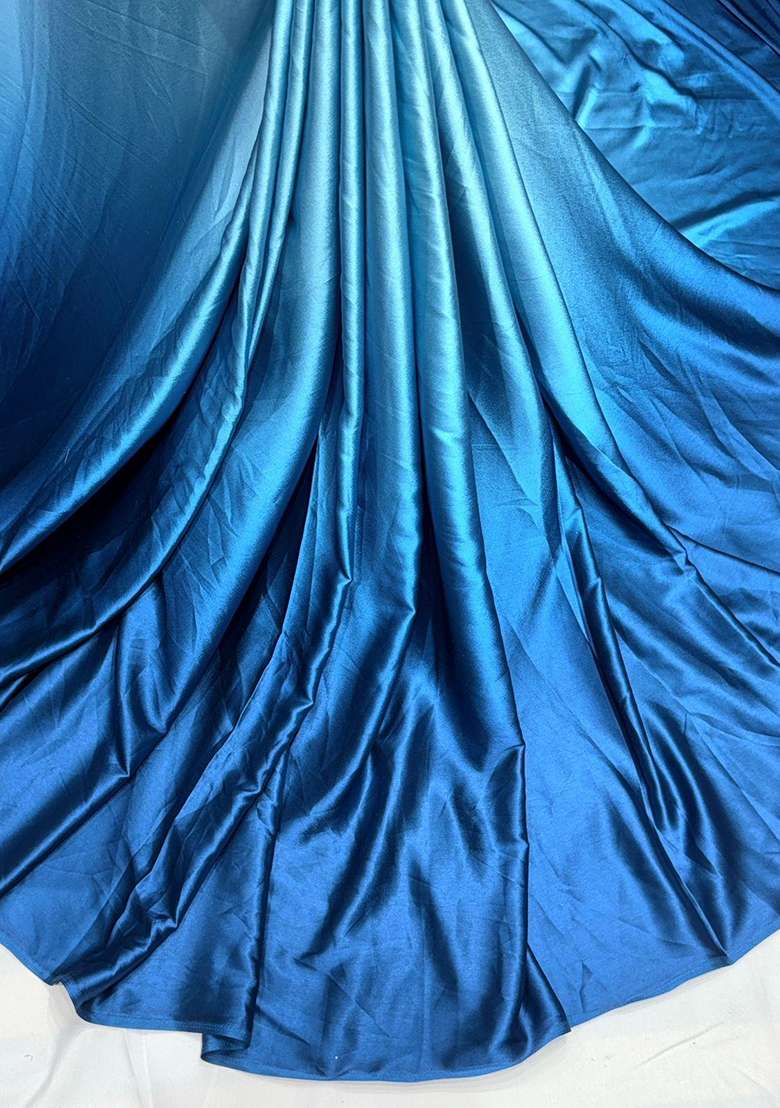Blue Satin Pre Draped Saree Set - Indya