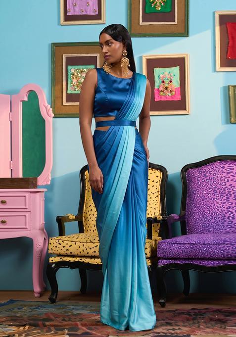Blue Satin Pre Draped Saree Set