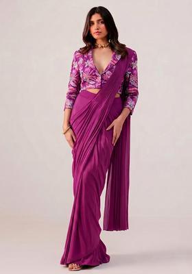 Rani Pink Printed Crepe Pre Draped Saree Set