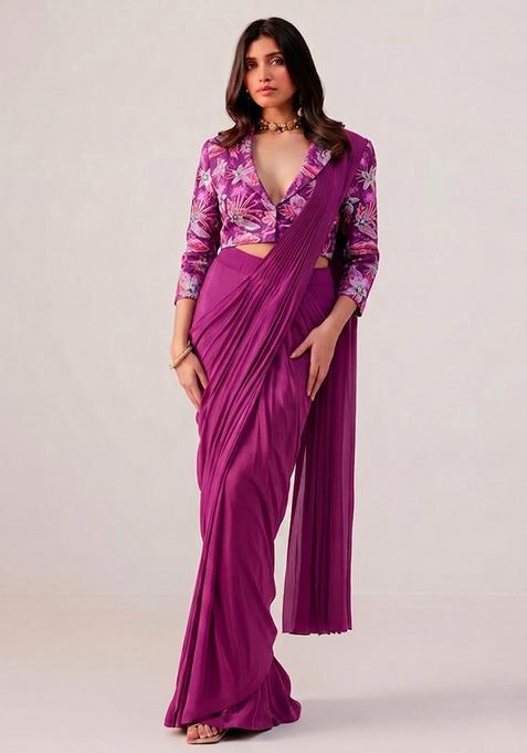 Rani Pink Printed Crepe Pre Draped Saree Set