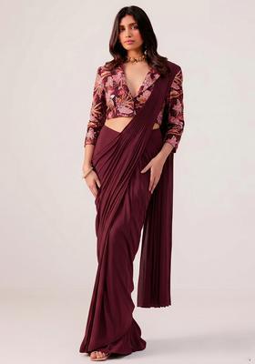 Deep Wine Printed Crepe Pre Draped Saree Set