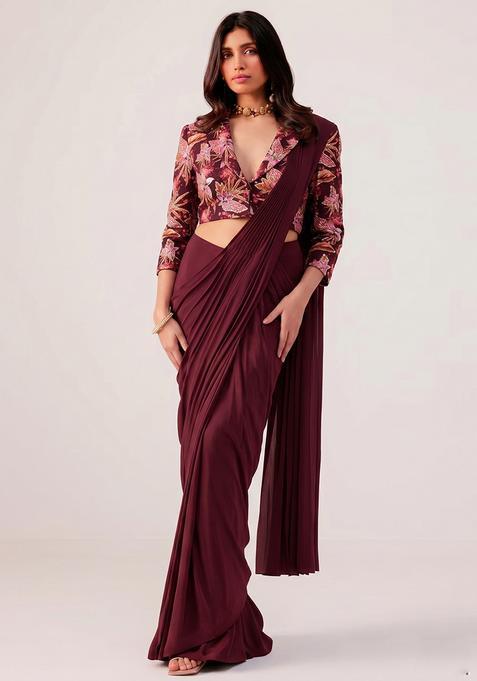 Deep Wine Printed Crepe Pre Draped Saree Set