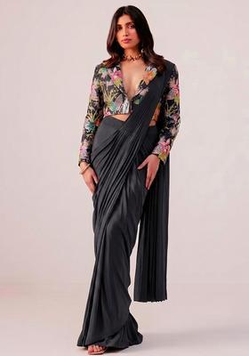 Charcoal Grey Printed Crepe Pre Draped Saree Set
