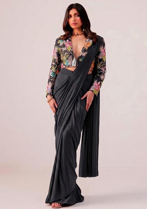 Charcoal Grey Printed Crepe Pre Draped Saree Set